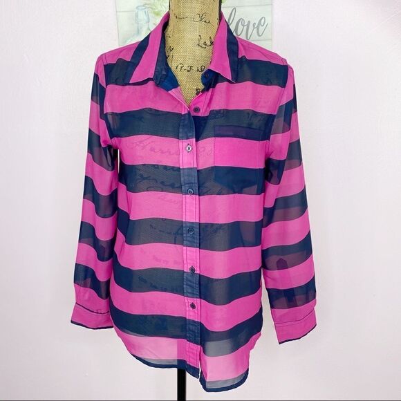 Banana Republic Sheer Rugby Stripe Button Front Shirt Small Pink Black - Picture 2 of 9